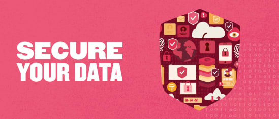 secure your data, data security shield with icons for protection, cloud storage, and digital privacy elements