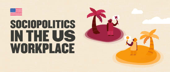 sociopolitics-in-us-workplace, illustration-of-people-holding-signs-on-islands-with-palms