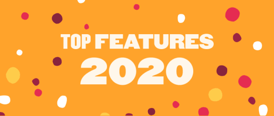 top features 2020 with colorful dots on an orange background, colorful design elements with bold typography