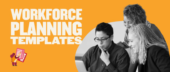 workforce planning templates, team collaboration on project with laptop and notes, bright orange background
