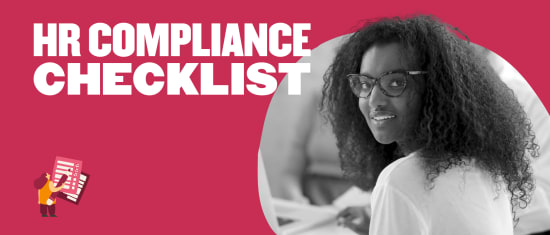 HR compliance checklist featuring a woman with curly hair, glasses, smiling with a vibrant background., HR compliance checklist vibrant background curly hair woman