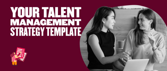 your talent management strategy template, two women discussing over a laptop with a creative graphic design background