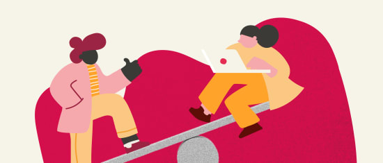 diverse characters, seesaw balance with laptop and phone