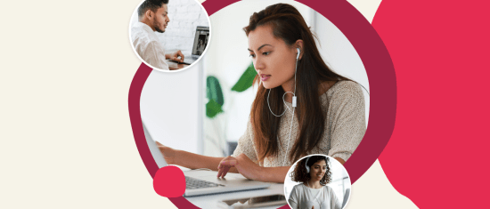 woman wearing headphones working on laptop, collage of people engaging in remote work activities