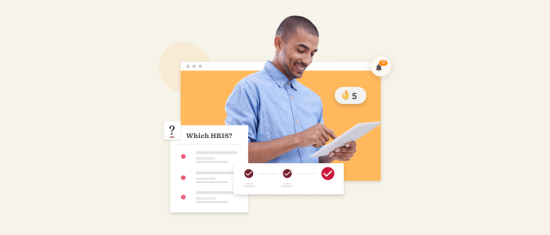 HR professional evaluating HRIS options with checklist and notifications on a tablet against a colorful background., HRIS, evaluation