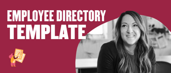 employee directory template, smiling woman in professional setting with vibrant background and creative icons
