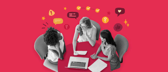 women-discussing-ideas-laptop, brainstorming-meeting-colorful-background