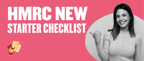 HMRC New Starter Checklist with woman smiling, pink background, checklist graphic, and excitement for new beginnings, New starter guide from HMRC, features a woman in a gray sweater smiling and fist bumping.