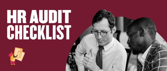 HR audit checklist highlights collaboration between two professionals in a workspace setting. Men discussing audit tasks., HR audit professionals working collaboratively on an HR checklist in a modern office environment.