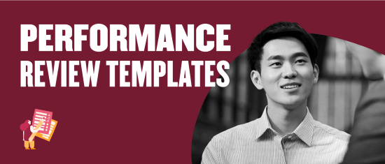 performance review templates, smiling young man in striped shirt engaged in discussion on a maroon background
