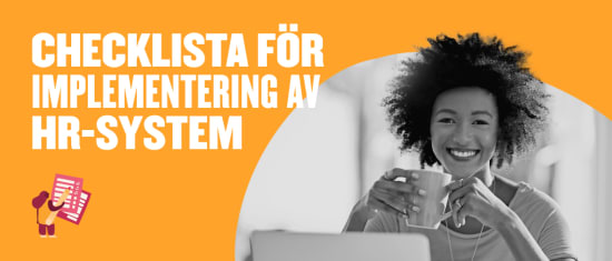 checklist for HR system implementation, smiling woman holding a cup in a bright workspace