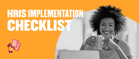HRIS implementation checklist with a smiling woman holding a coffee cup, set against a vibrant orange background., Smiling woman with coffee, HRIS checklist on bright orange background.