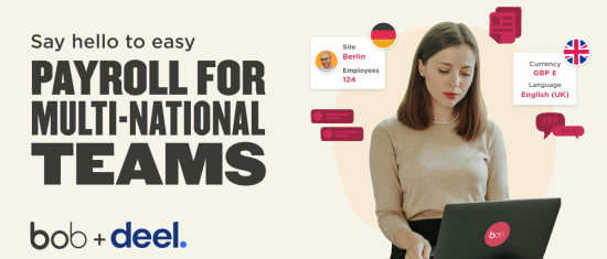 payroll for multi-national teams with diverse locations, currency, and language support by bob and deel, woman working on laptop with branding