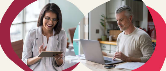 professional man working on laptop, smiling woman using tablet in modern office setting