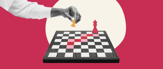 hand moving orange chess pawn over black and white checkered board against vibrant red and beige background, strategic chess move visual representation