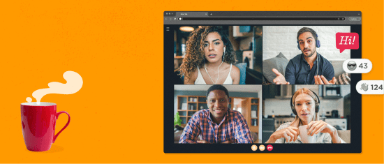 coffee cup, video call with diverse participants on an orange background