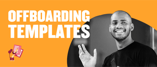 offboarding templates, smiling man gesturing with hand on orange background