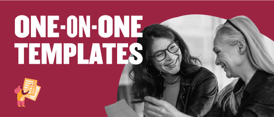 one-on-one templates, two women engaging in conversation with documents, bright background and playful illustration