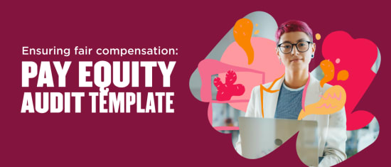 pay equity audit template with diverse professional, vibrant graphics on maroon background, ensuring fair compensation for all workers