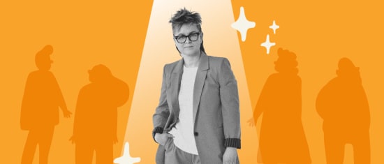 businesswoman in blazer, orange background with silhouettes of people