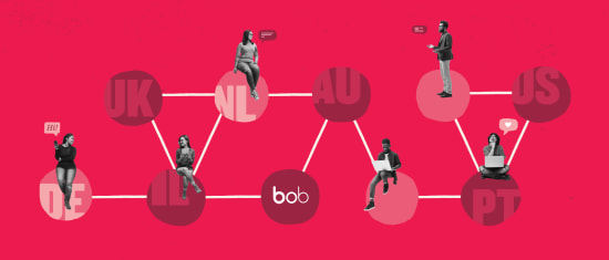 diverse individuals communicating across global connections on a bright pink background with location markers, networking figures interacting with speech bubbles representing various countries