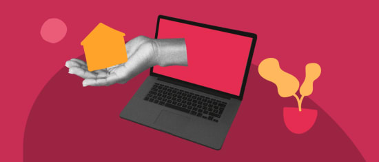 hand emerging from laptop holding a yellow house on a red background with a plant nearby, digital home concept with technology
