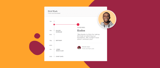 Rick Wash profile timeline highlights milestones, kudos, and personal achievements in vibrant layout. , employee profile, timeline achievements