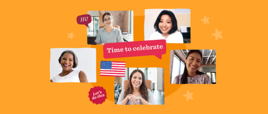 smiling women in video calls celebrating with greetings on an orange background, diverse group showcasing teamwork and positivity