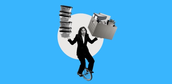 businesswoman on unicycle, juggling takeout and box against bright blue background