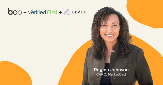 business branding with Regina Johnson, CHRO MarketCast, featuring logos of bob, Verified First, and Lever, Regina Johnson CHRO MarketCast with logos of bob, Verified First, and Lever