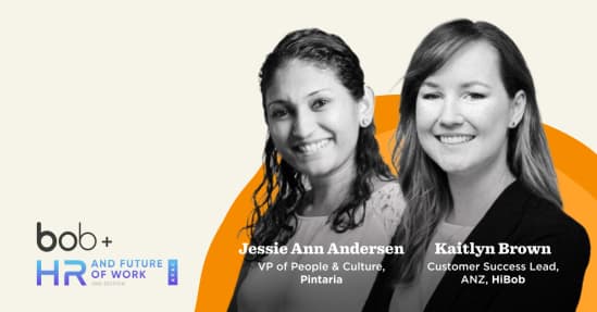 jessie ann andersen and kaitlyn brown speaking at HR and Future of Work event with orange graphic background, HR future of work event with speakers bob+ branding