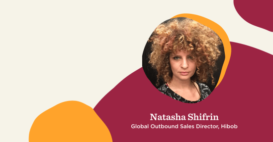 Natasha Shifrin, Hibob's Global Outbound Sales Director, with curly hair on a colorful geometric background., Natasha Shifrin, Hibob