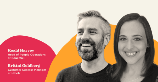 Roald Harvey and Brittni Goldberg smiling, representing BenchSci and Hibob, against a colorful background., RoaldHarvey, BrittniGoldberg