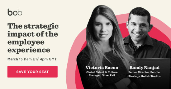 strategic impact of employee experience webinar featuring Victoria Bacon and Randy Nanjad on March 15, save your seat button