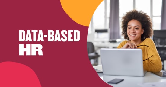 data-based HR, smiling woman in yellow sweater working on laptop in modern office setting with colorful background