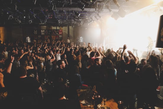 crowd enjoying a live concert with raised hands and a vibrant atmosphere, concert audience celebrating music energy and excitement