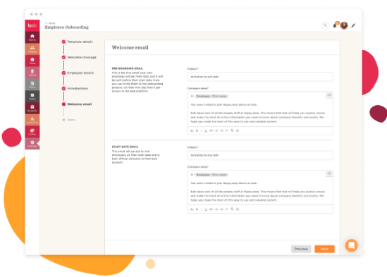 employee onboarding email template, welcome message details and subject fields for pre-boarding and start date communications