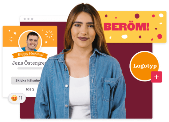 birthday greeting, woman smiling with birthday design elements in background