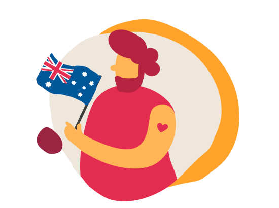 person holding Australian flag, colorful illustration with heart tattoo and joyful expression