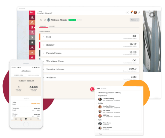 bob interface showing employee time-off details and attendance tracking on phone. HR management tools for leave policies.