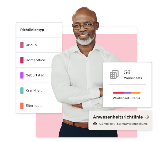 Richtlinientyp Übersicht mit einem lächelnden Mann, 56 Worksheets und Statusanzeige auf pastellfarbigem Hintergrund., Mann mit Brille und Hemd, Richtlinientypen für verschiedene Aktivitäten.