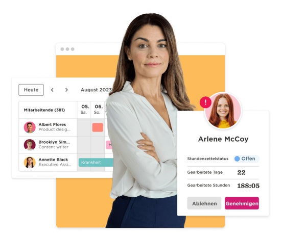 employee dashboard, woman in professional attire with employee details and calendar interface