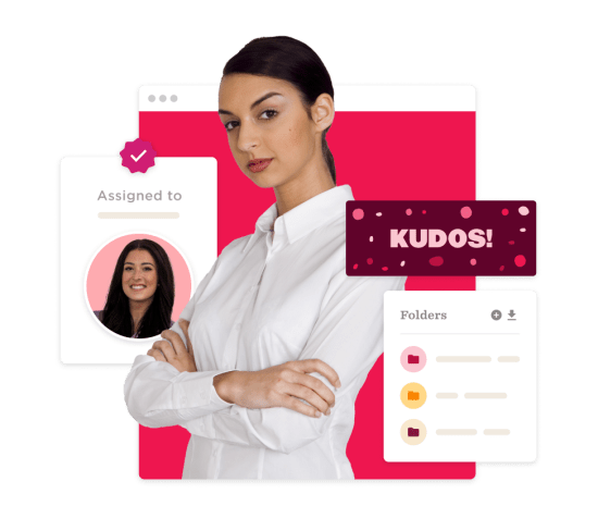 professional woman with arms crossed, digital workspace highlights 'KUDOS!' and folder management, confident woman, digital accomplishment notification