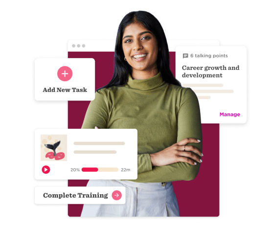 professional woman smiling, task management interface featuring training and development elements