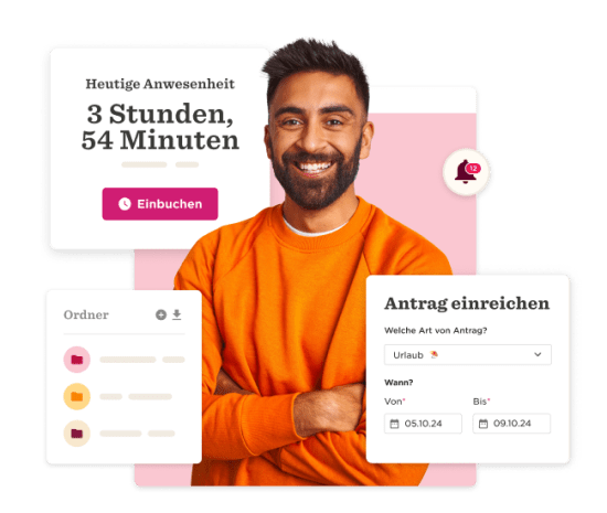 menschlicher Fachmann in orangefarbenem Pullover, Anwesenheit 3 Std. 54 Min., Antragsformular für Urlaub, Benutzeroberfläche mit Icon, Einbuchung und Ordner