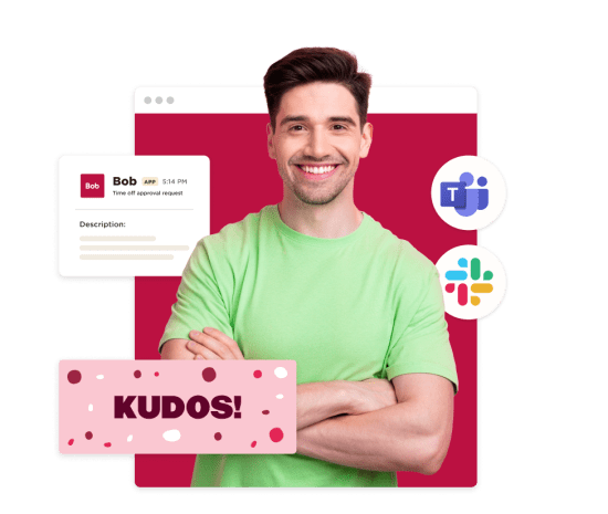 smiling man in green shirt with "KUDOS!" graphic and app notifications for teamwork tools like Microsoft Teams and Slack, professional recognition image with positive feedback and collaboration tools displayed
