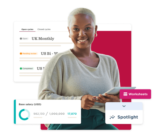 professional woman with light hair smiles, holding a tablet; background displays salary and task management data, work interface showcasing progress