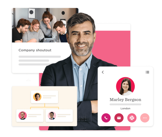 business professional smiling, collaborative team meeting and company organizational chart