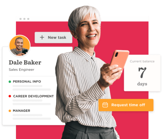 business woman smiling with smartphone at work, employee profile with task management interface and request time off button