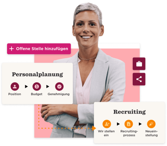 Personalplanung and Recruiting visuals with a professional woman smiling, showcasing hiring processes and options. , Personalplanung, Recruiting